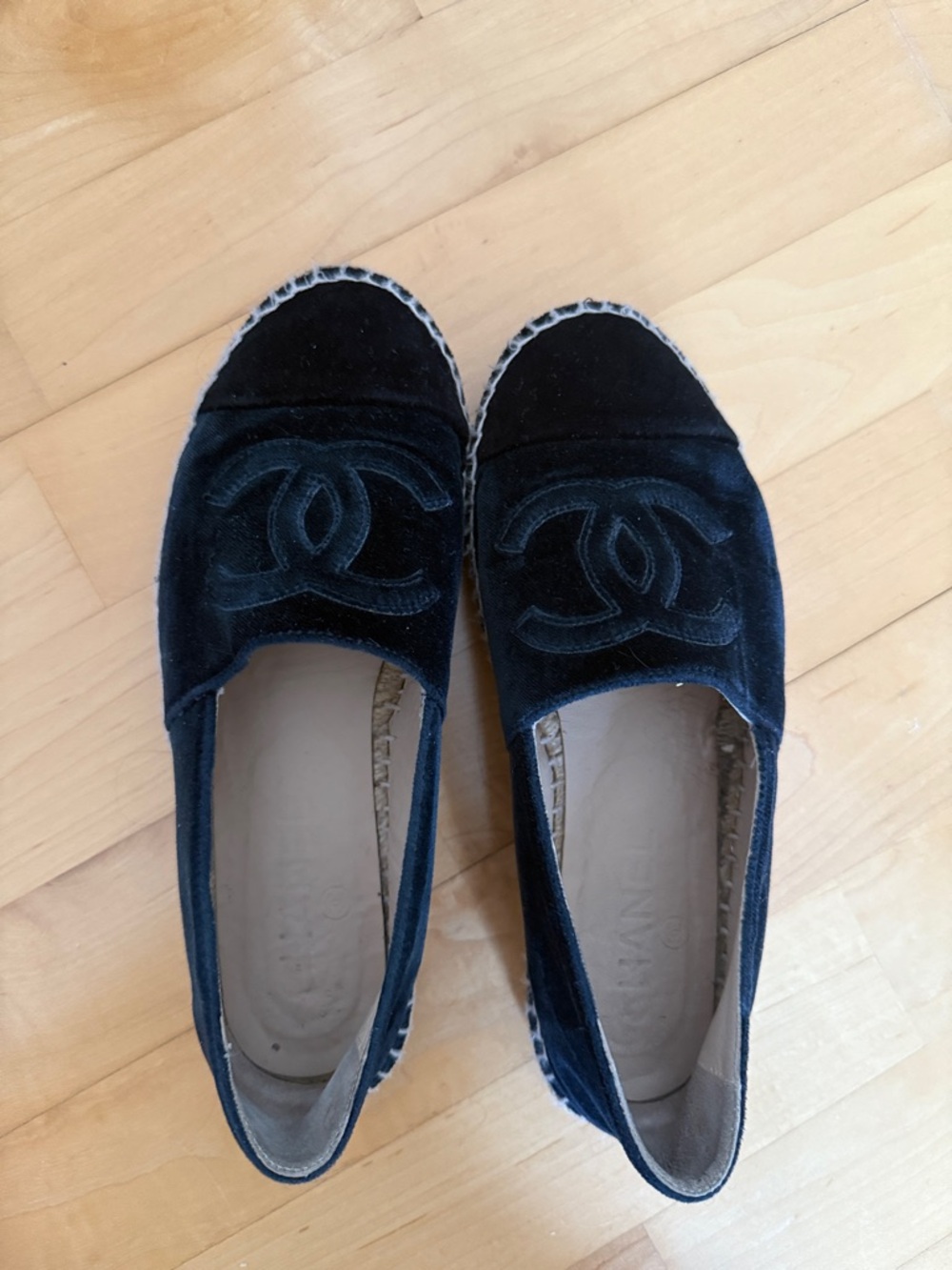 CHANEL Navy Velvet CC Logo Espadrilles